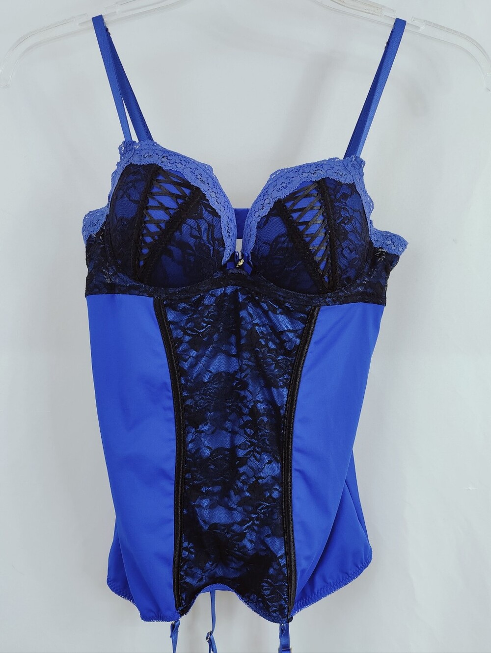 Daisy Fuentes Royal Blue Black Lace Corset Top Garter Straps, Sz XL